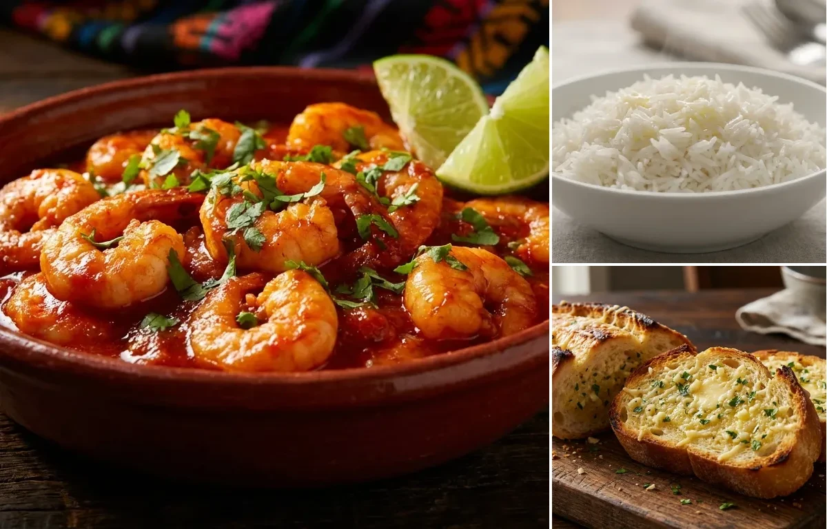 Camarones a la Diabla with Steamed Basmati Rice and Garlic Bread