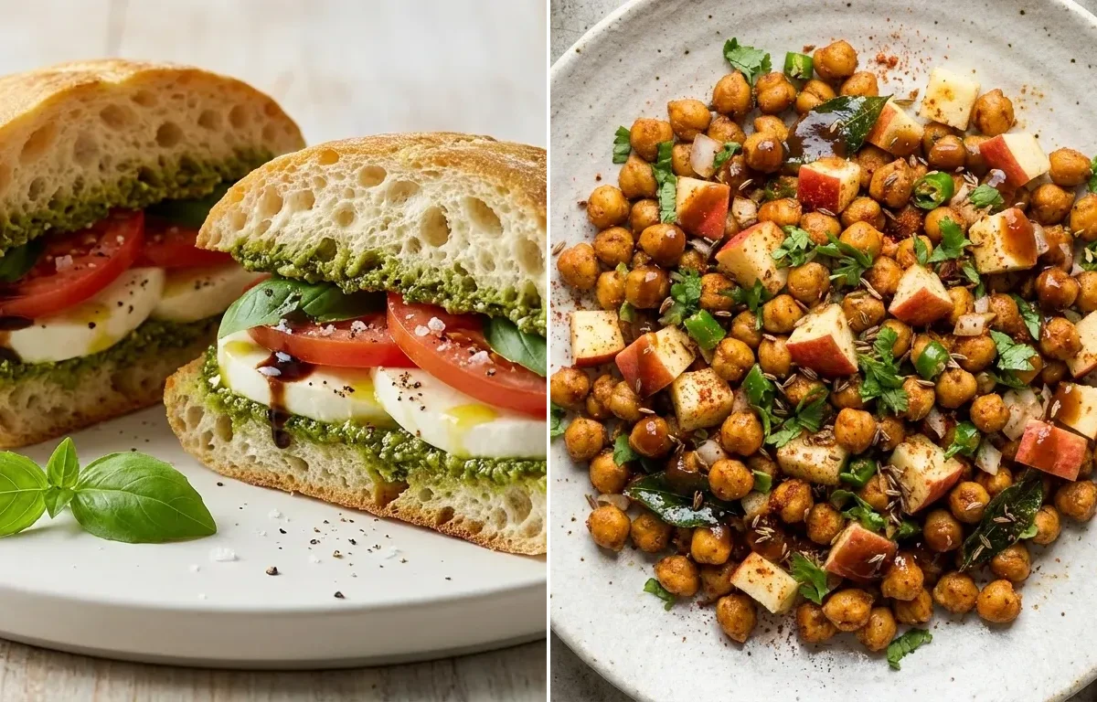 Caprese Sandwich with Avocado Toast Mini and Roasted Chana With Apple