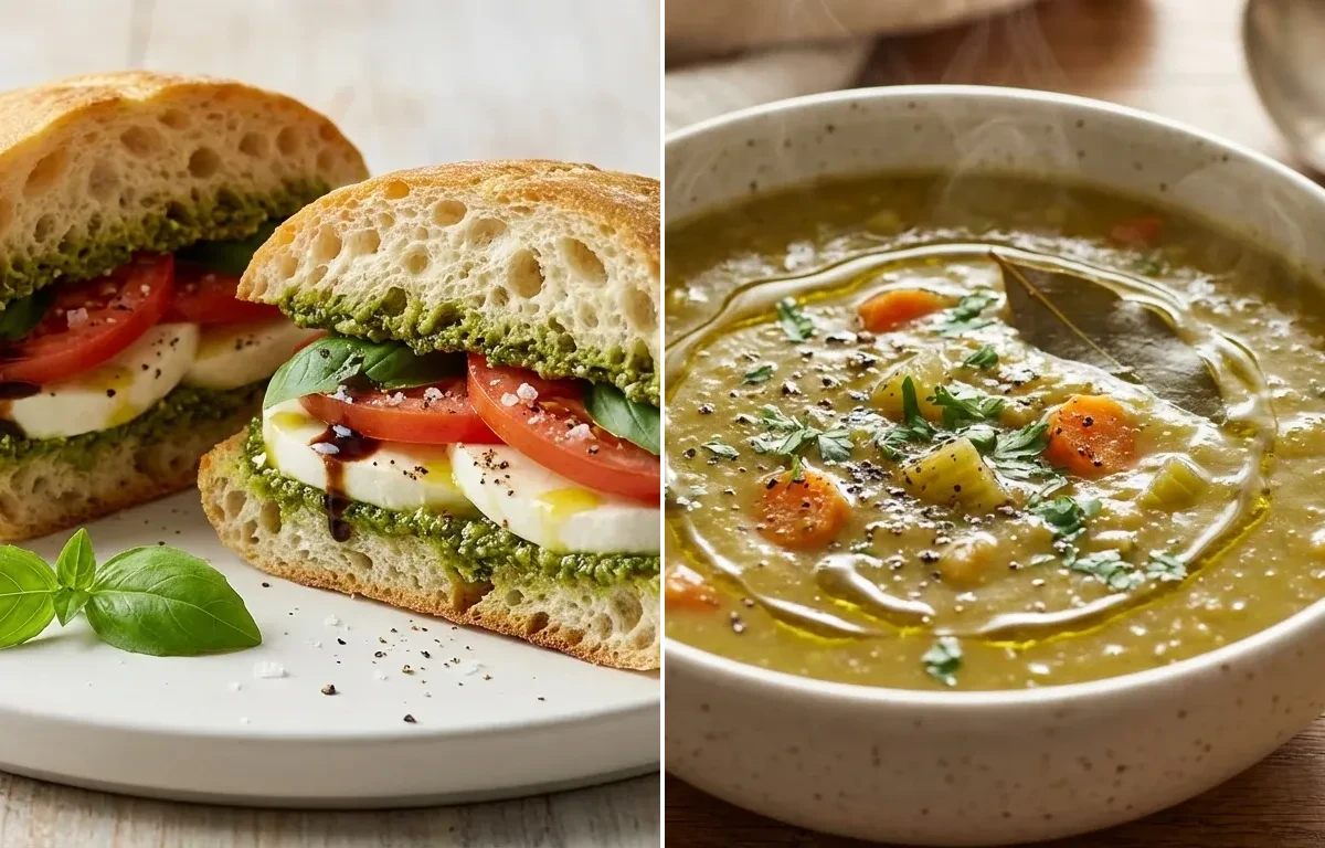 Caprese Sandwich with Split Pea Soup and Yogurt With Fruit