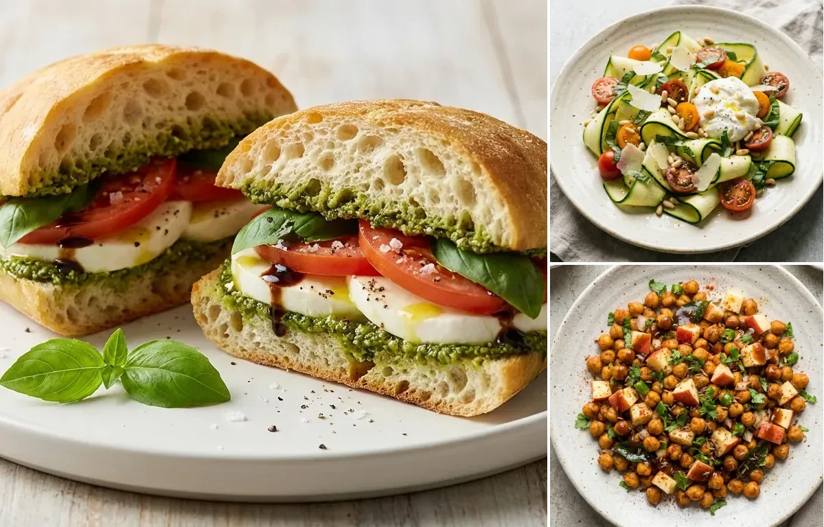 Caprese Sandwich with Zucchini Ribbon Salad and Roasted Chana With Apple