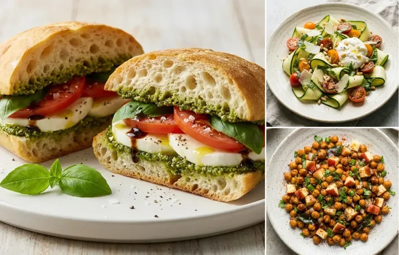 Caprese Sandwich with Zucchini Ribbon Salad and Roasted Chana With Apple