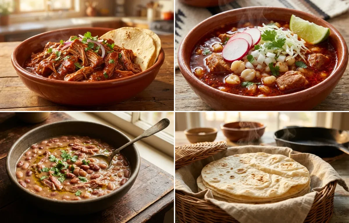 Carne Adovada with Pork Posole Rojo, Pinto Beans and Flour Tortillas