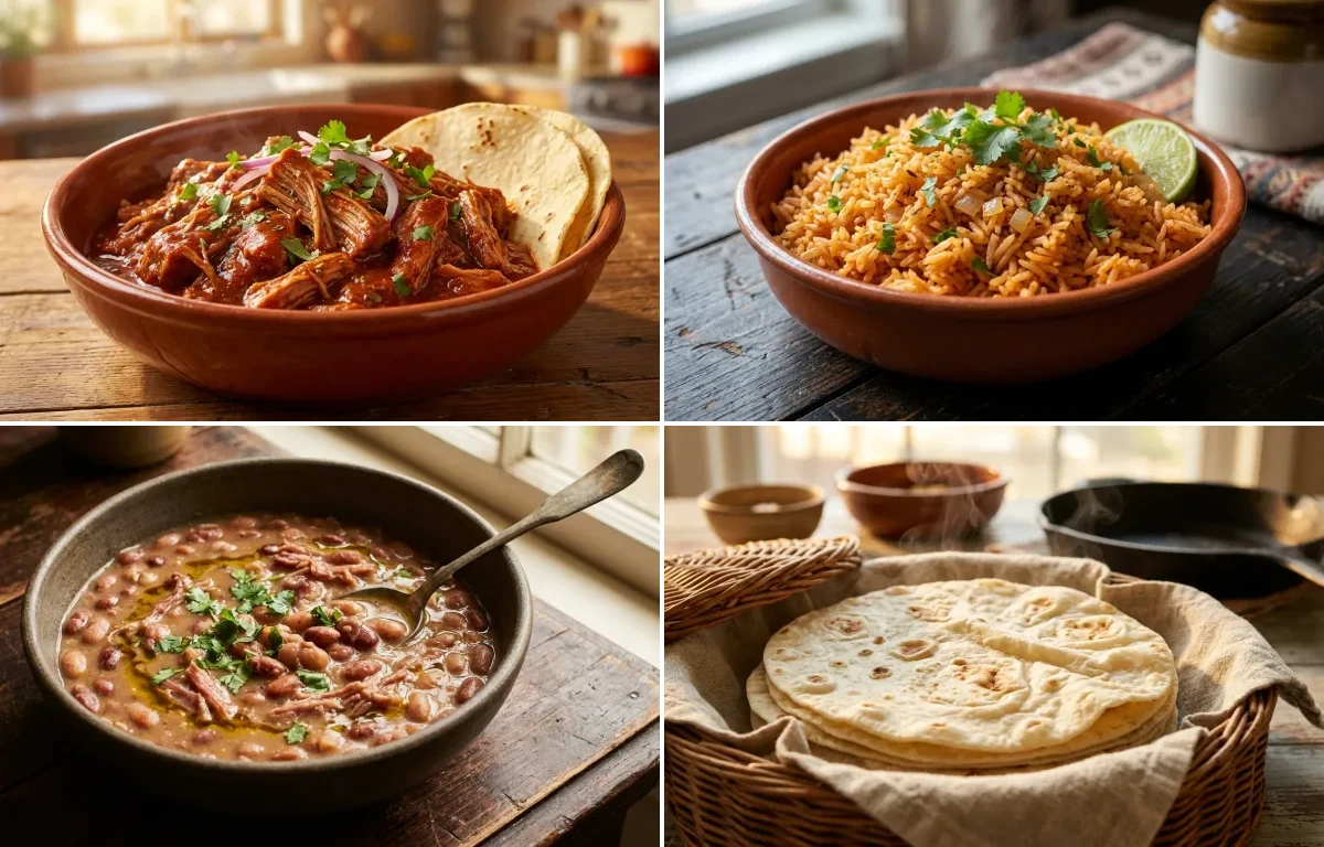 Carne Adovada with Spanish Rice, Pinto Beans and Flour Tortillas