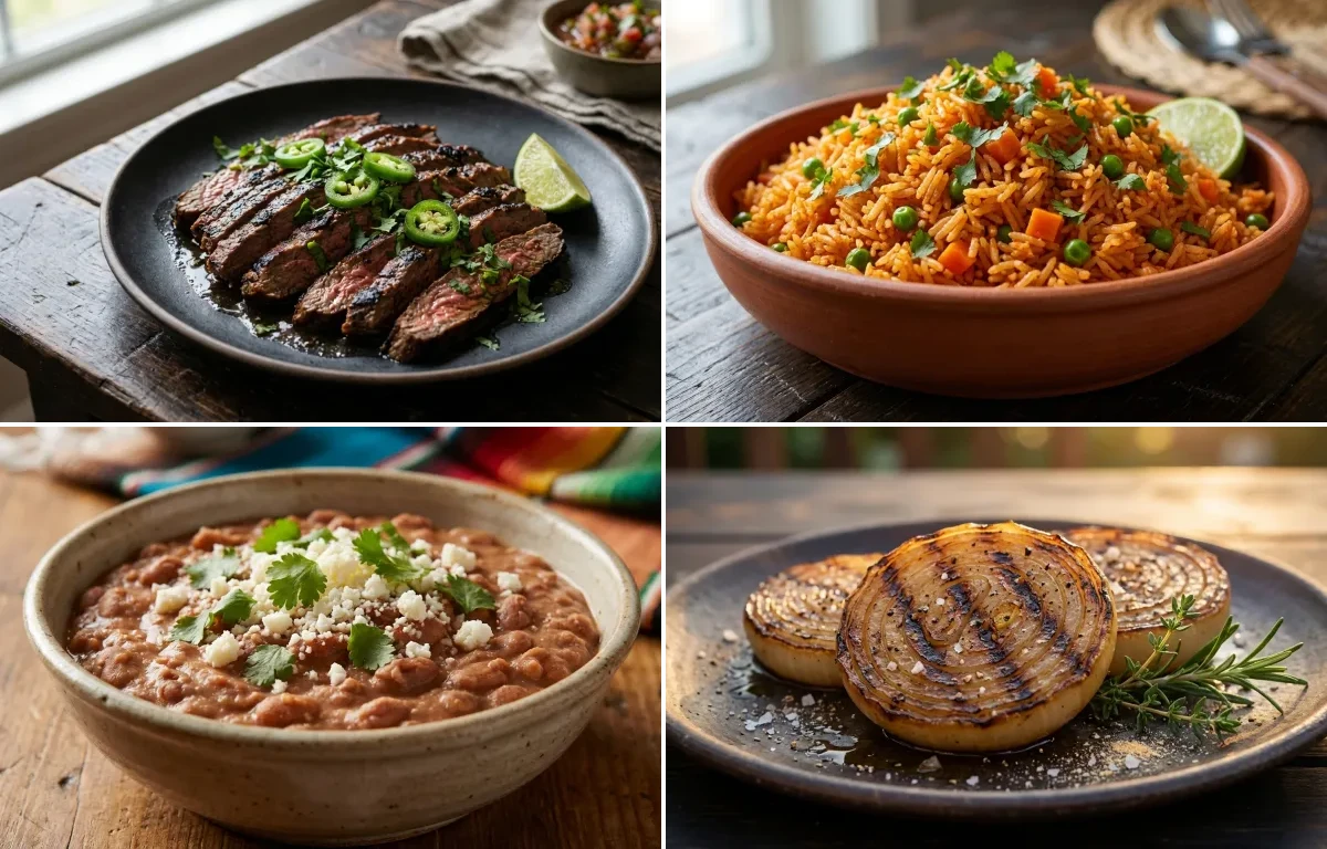 Carne Asada with Mexican Rice, Tex-Mex Refried Beans, Grilled Onions and Pico De Gallo