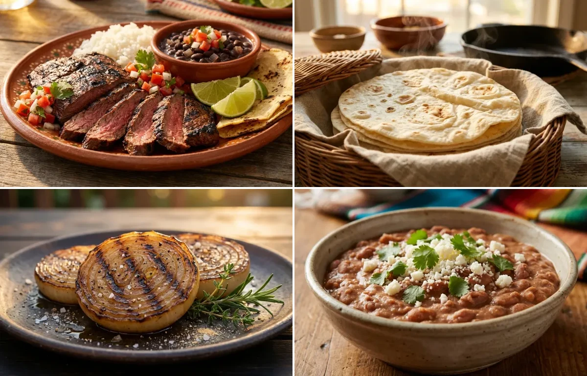Carne Asada Plate with Flour Tortillas, Grilled Onions and Tex-Mex Refried Beans