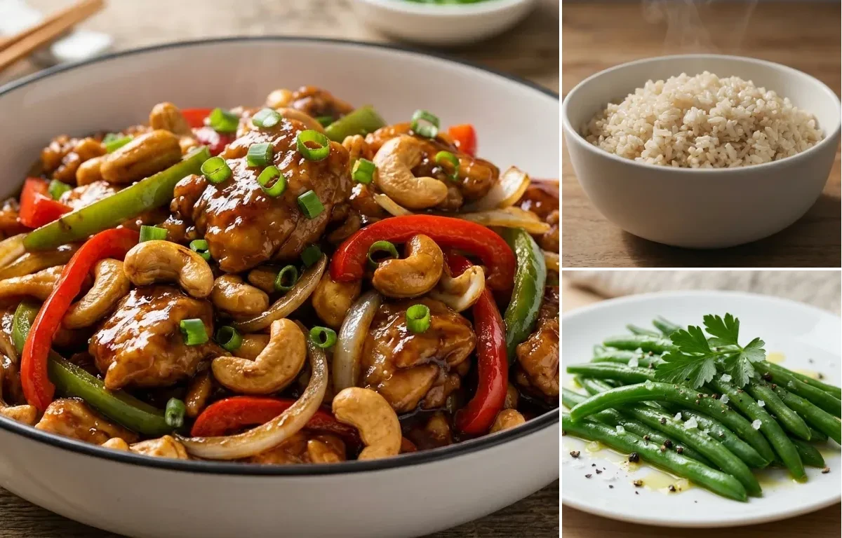 Cashew Chicken with Brown Rice and Steamed Green Beans