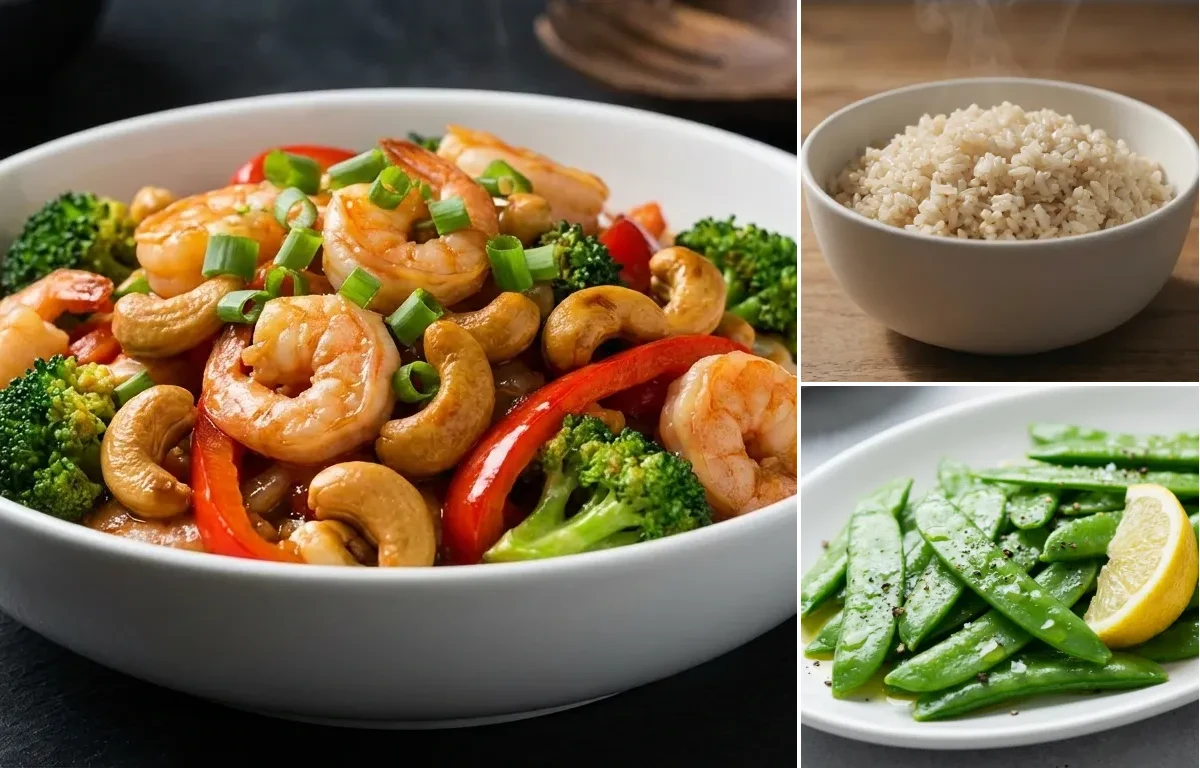 Cashew Shrimp Stir-Fry with Brown Rice and Steamed Snow Peas