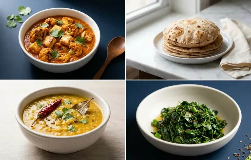 Cauliflower Paneer Curry with Whole-Wheat Phulka with Moong Dal with Sautéed Methi