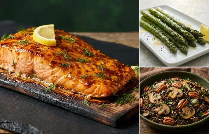 Cedar Plank Salmon with Roasted Asparagus and Wild Rice Pilaf with Mushrooms and Pecans