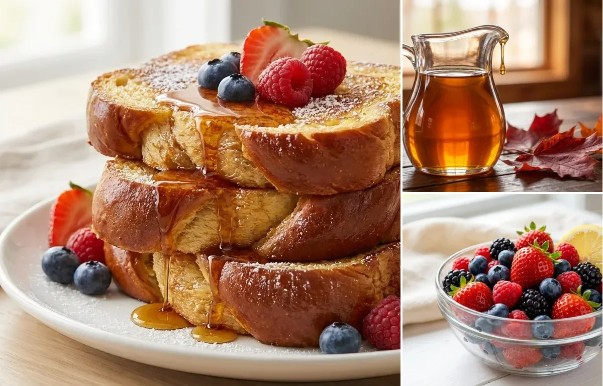 Challah French Toast with Maple Syrup and Mixed Fresh Berries