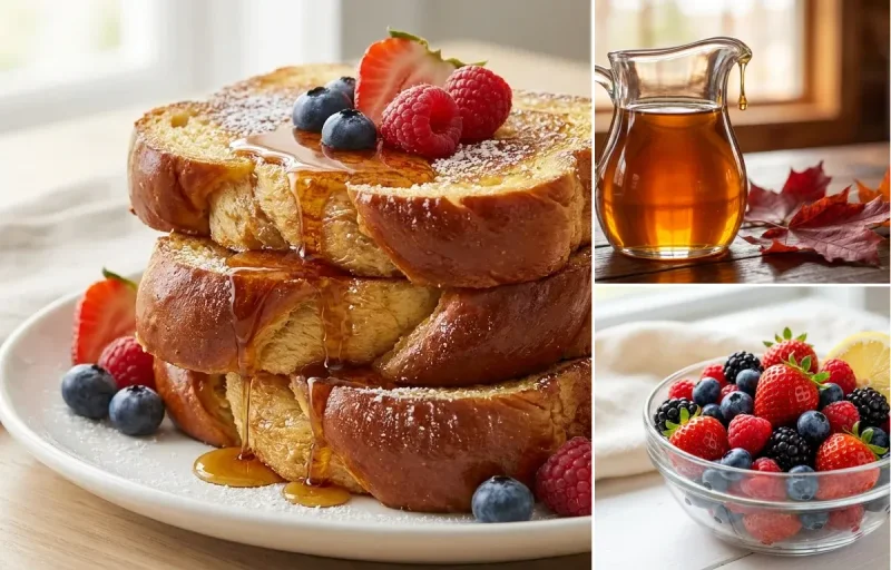 Challah French Toast with Maple Syrup and Mixed Fresh Berries