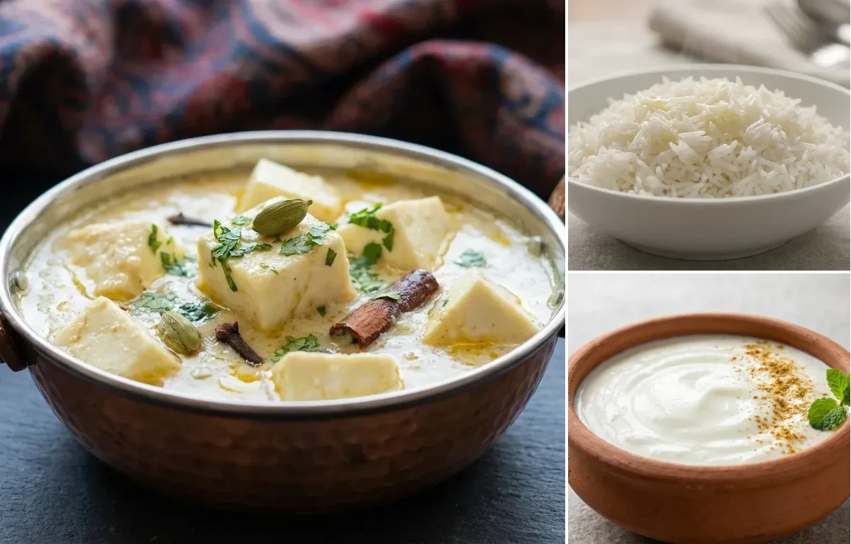 Chaman Kaliya with Steamed Basmati Rice and Dahi
