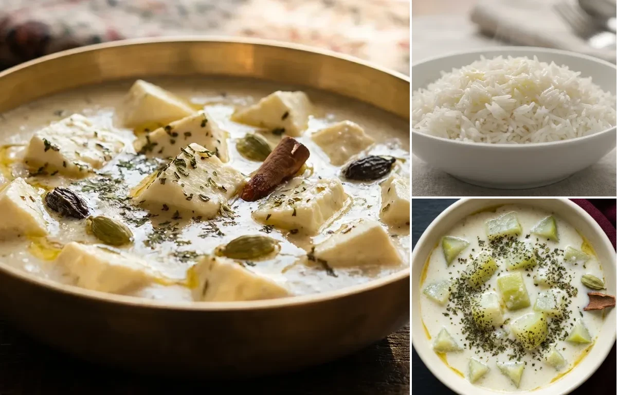 Chaman Qaliya with Steamed Basmati Rice and Kashmiri Lauki Yakhni