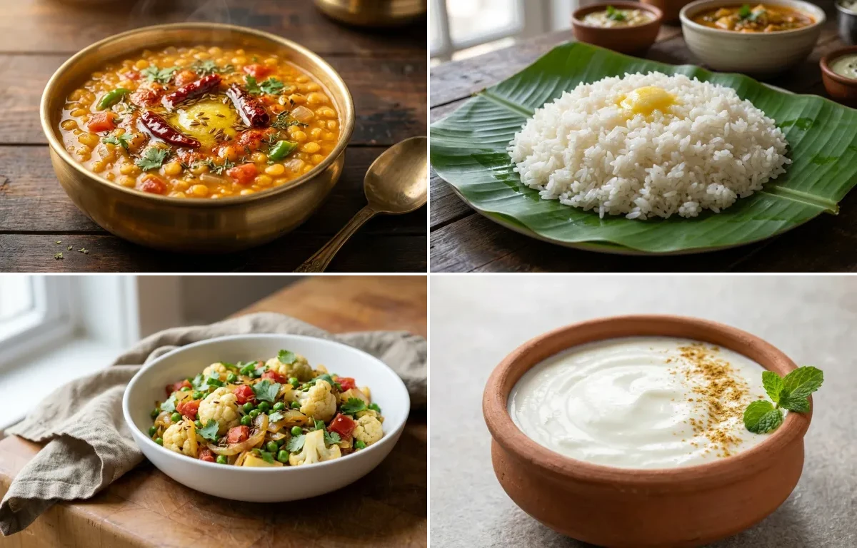 Chana Dal with Steamed White Rice with Cauliflower Peas Sabzi with Dahi