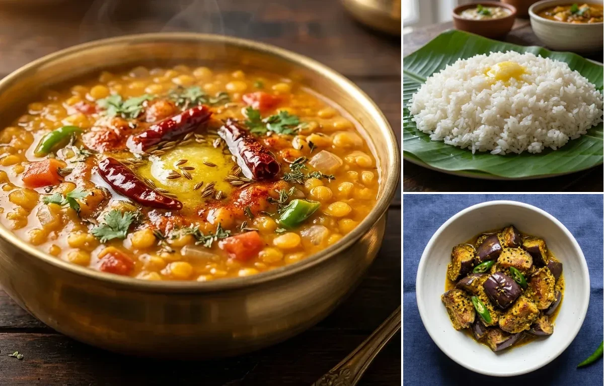 Chana Dal with Steamed White Rice with Shorshe Begun