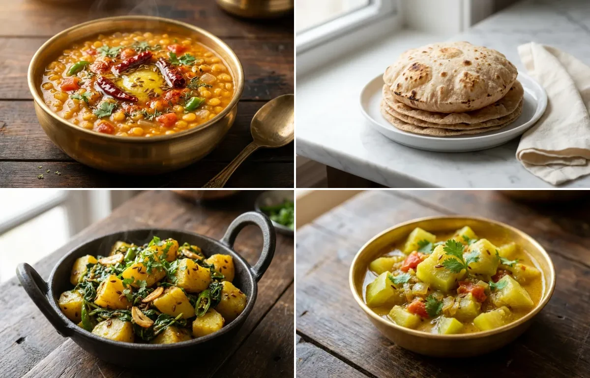 Chana Dal with Steamed White Rice with Whole-Wheat Phulka with Aloo Methi Sabzi with Lauki Sabzi