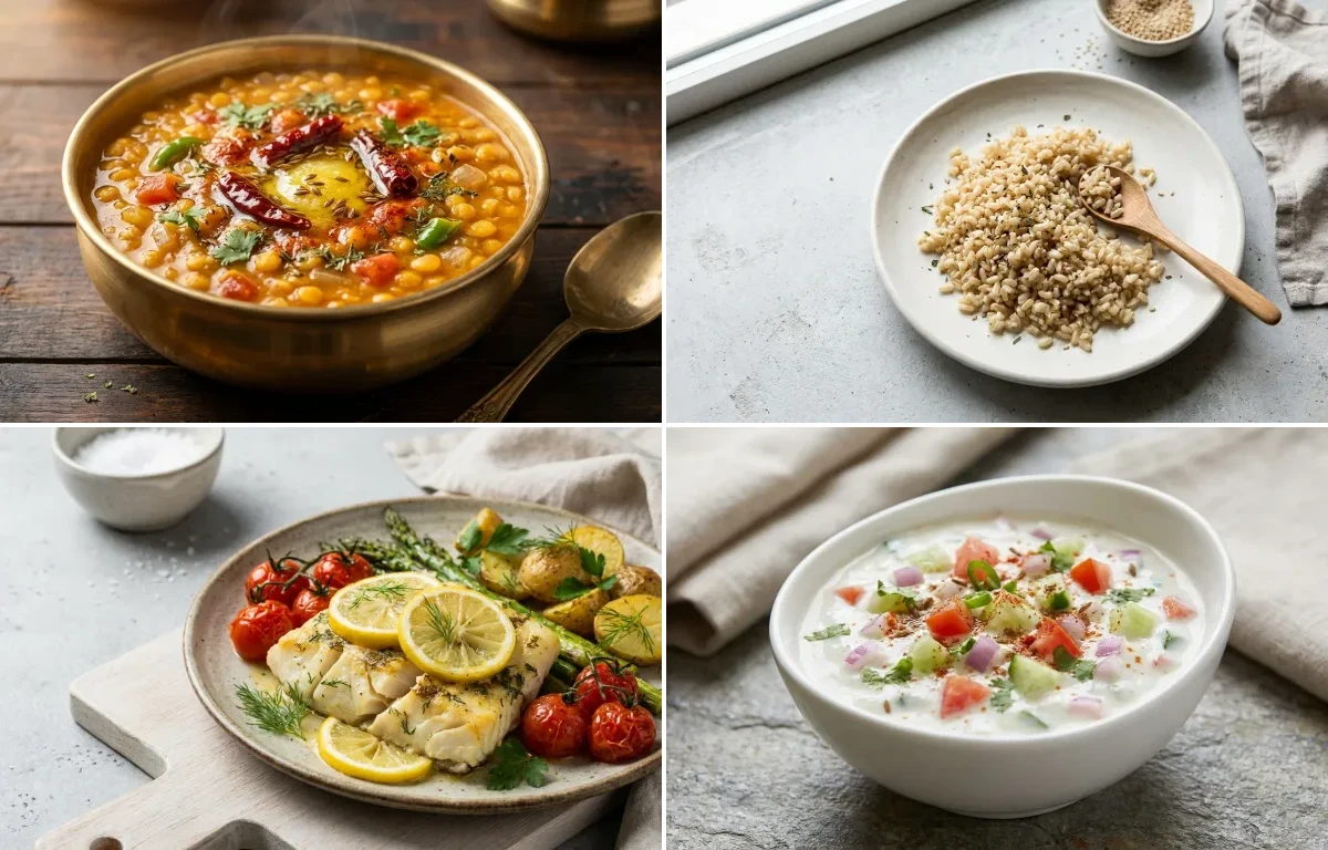 Chana Dal with Cooked Brown Rice Half Cup, Baked Cod With Lemon and Kachumber Raita