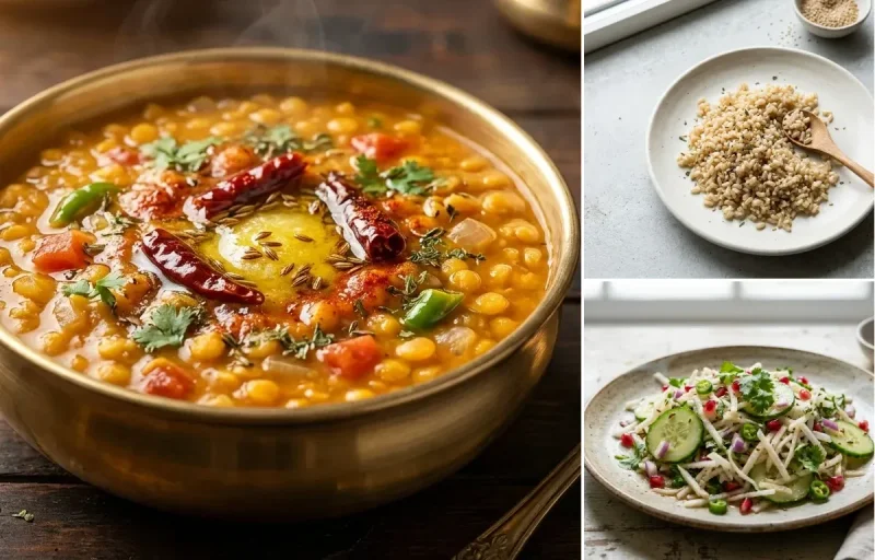 Chana Dal with Cooked Steamed White Rice Half Cup, Mashed Sweet Potato, Mooli Cucumber Salad and Mint Coriander Chutney No-Salt