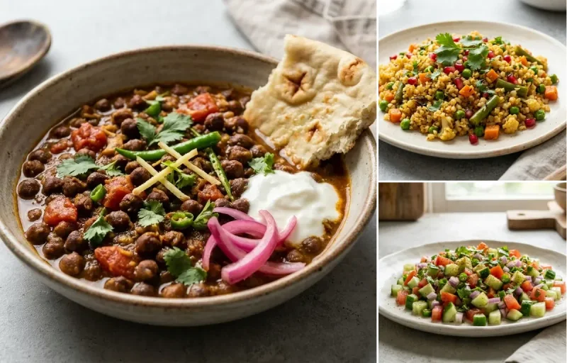 Chana Masala, Cauliflower Rice Vegetable Pulao and Kachumber Salad