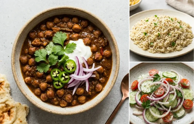 Chana Masala, Jeera Rice and Simple Onion Salad