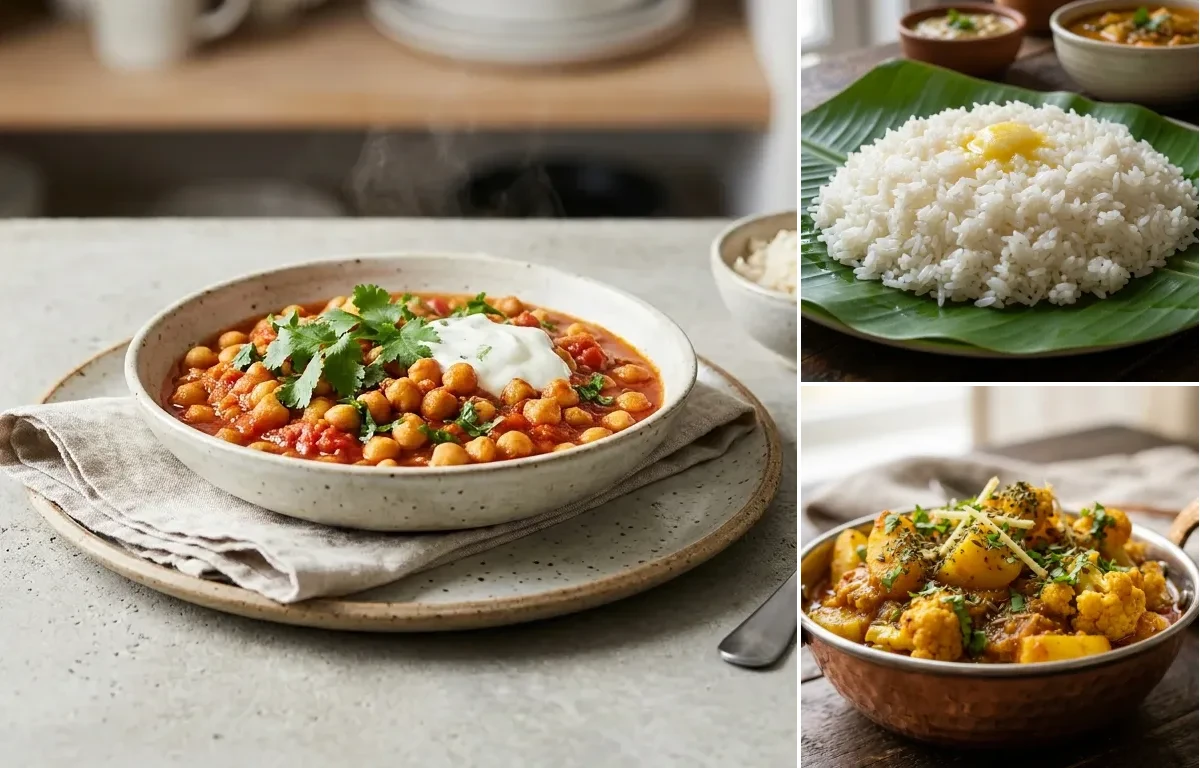 Chana Masala with Steamed White Rice with Aloo Gobi Sabzi with Chaas