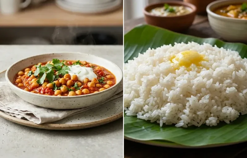 Chana Masala with Steamed White Rice with Palak Salad with Chaas