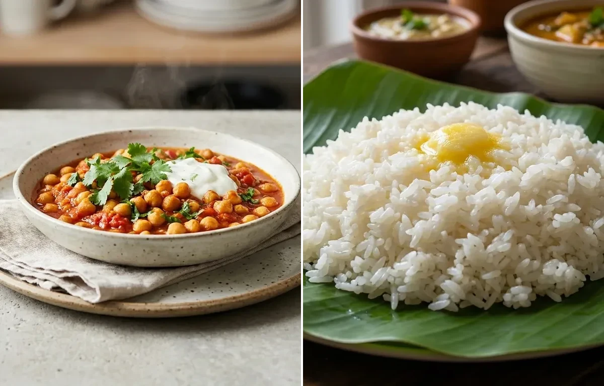 Chana Masala with Steamed Rice with Cucumber Salad