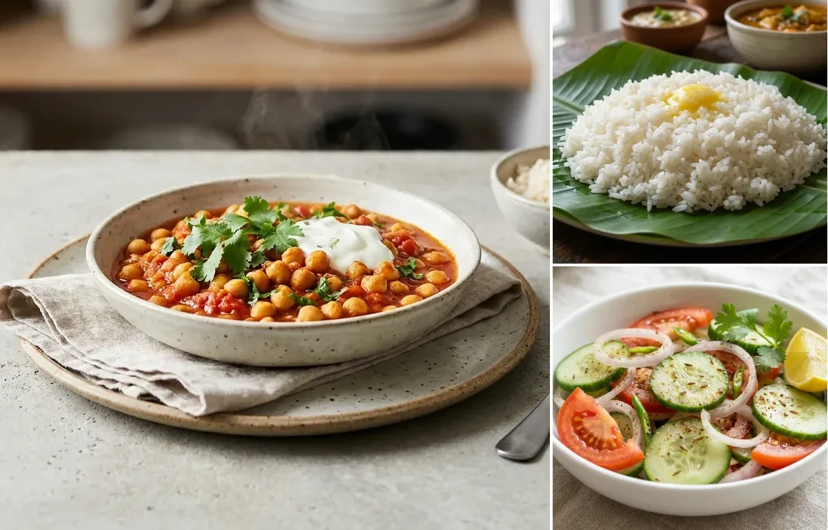 Chana Masala with Steamed Rice with Green Salad