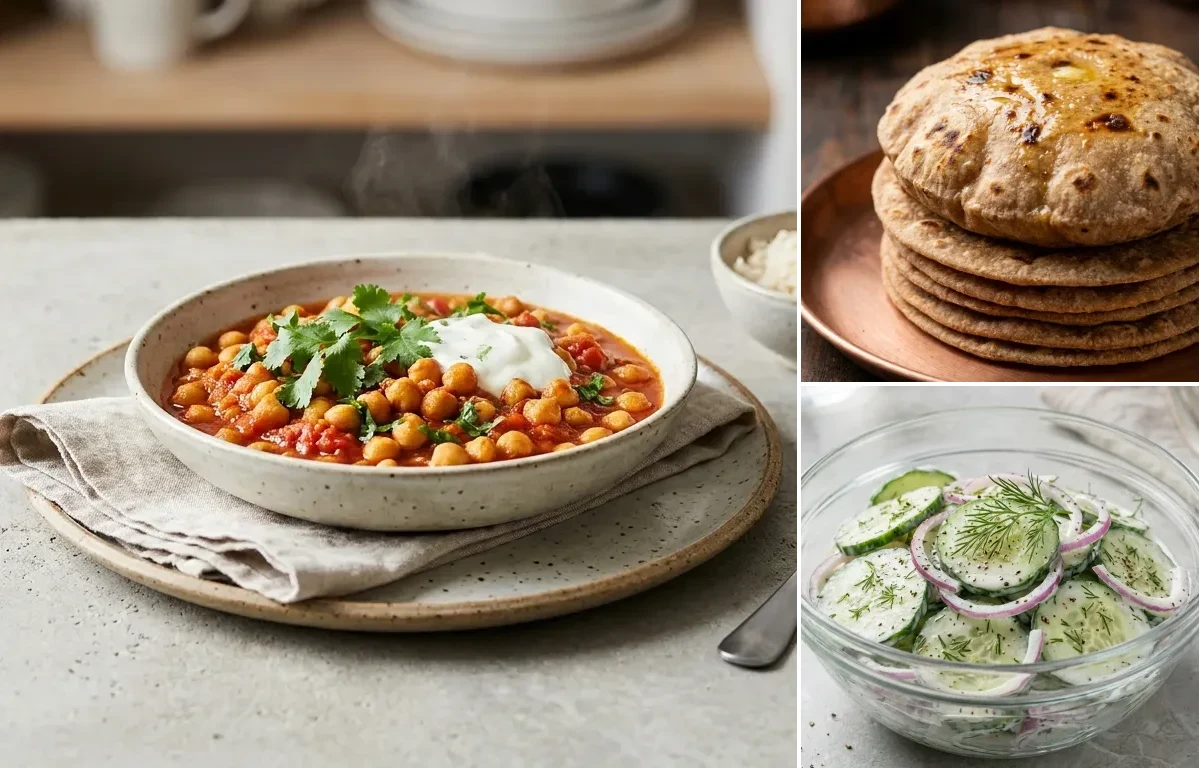 Chana Masala with Whole Wheat Roti with Cucumber Salad
