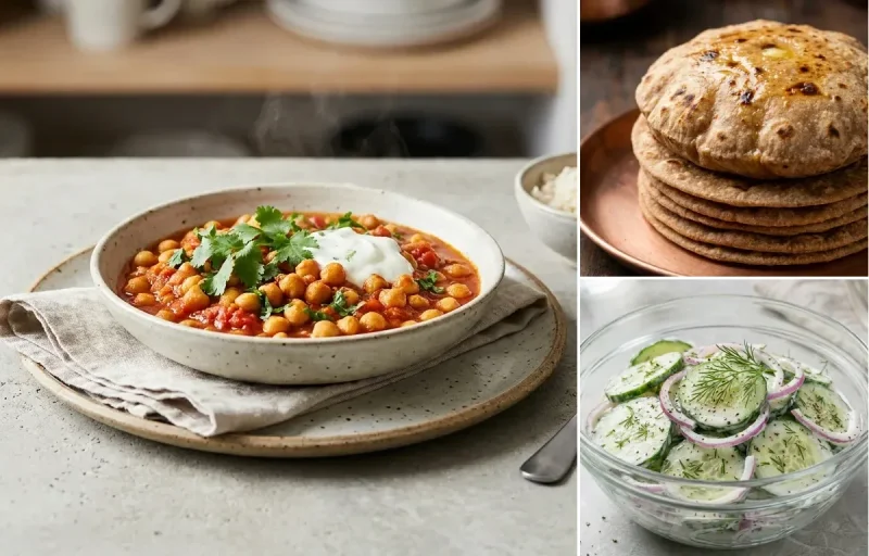 Chana Masala with Whole Wheat Roti with Cucumber Salad