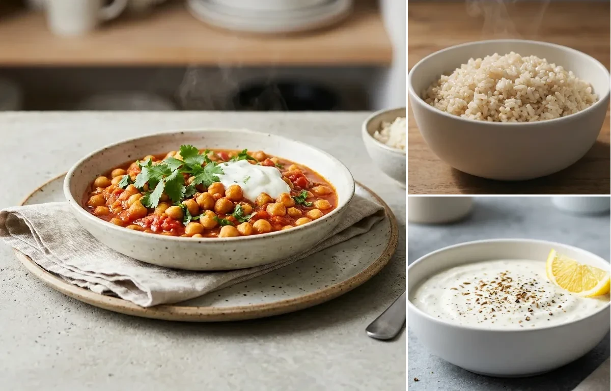 Chana Masala with Yogurt Sauce with Steamed White Rice