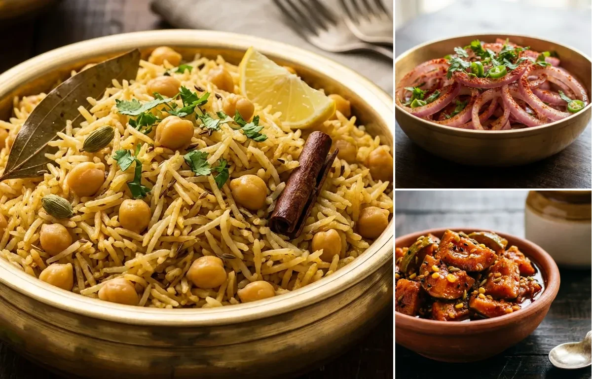 Chana Pulao with Onion Salad and Mango Pickle