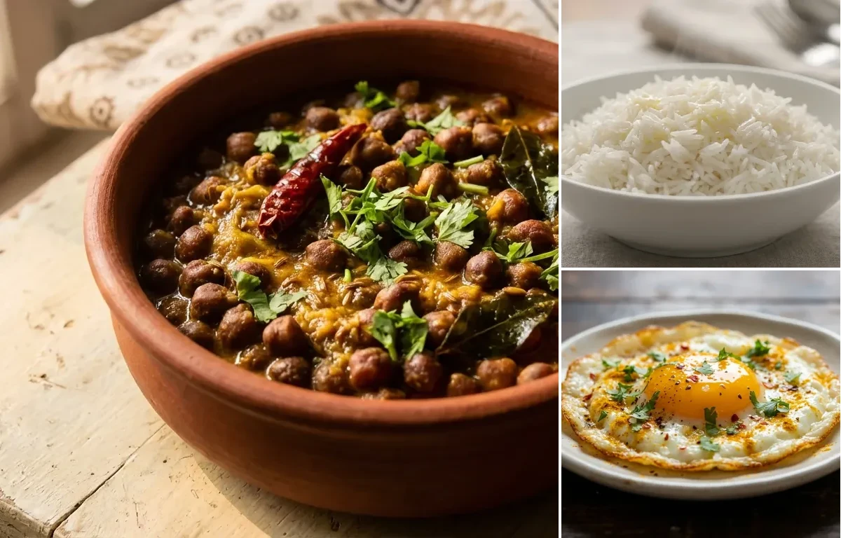 Chane Jaiselmeri with Steamed Basmati Rice and Fried Egg