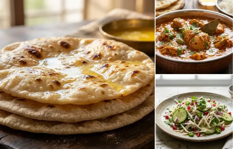 Chapati with Chicken Curry, Toor Dal Tadka, Plain Yogurt Cup and Mooli Cucumber Salad