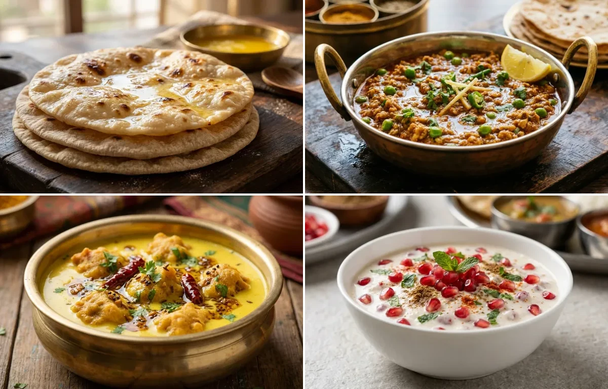 Chapati with Chicken Keema, Kadhi Pakora, Pomegranate Raita and Carrot Cucumber Salad