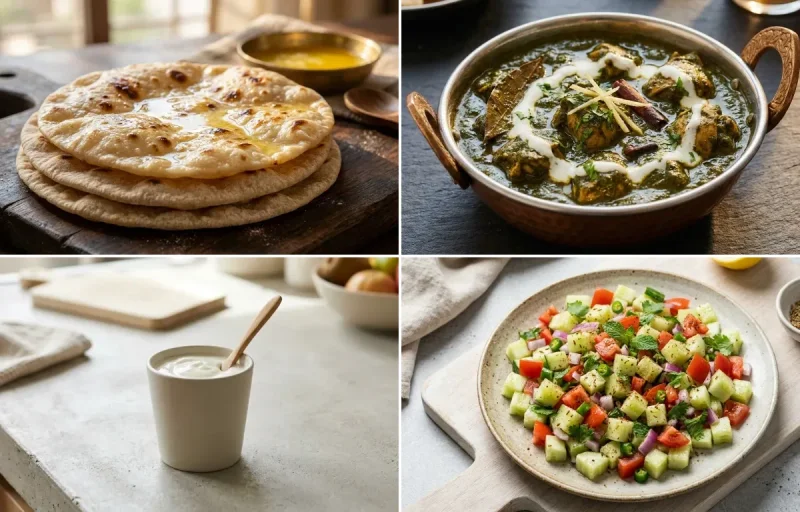 Chapati with Chicken Saag, Toor Dal Tadka, Plain Yogurt Cup and No-Salt Lemon Cucumber Kachumber