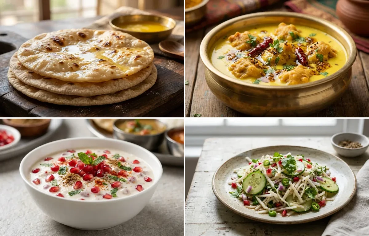 Chapati with Chicken Saute With Vegetables, Kadhi Pakora, Pomegranate Raita and Mooli Cucumber Salad