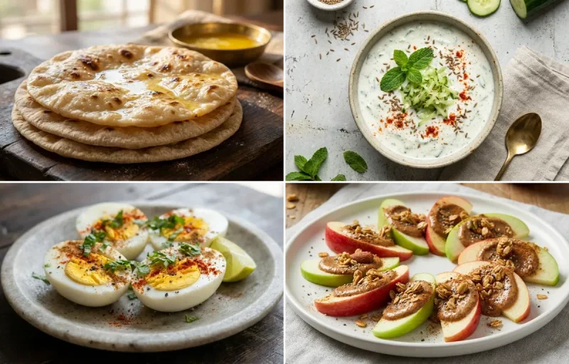 Chapati with Cucumber Mint Raita, Boiled Eggs, Apple Slices With Almond Butter and Tamarind Date Chutney