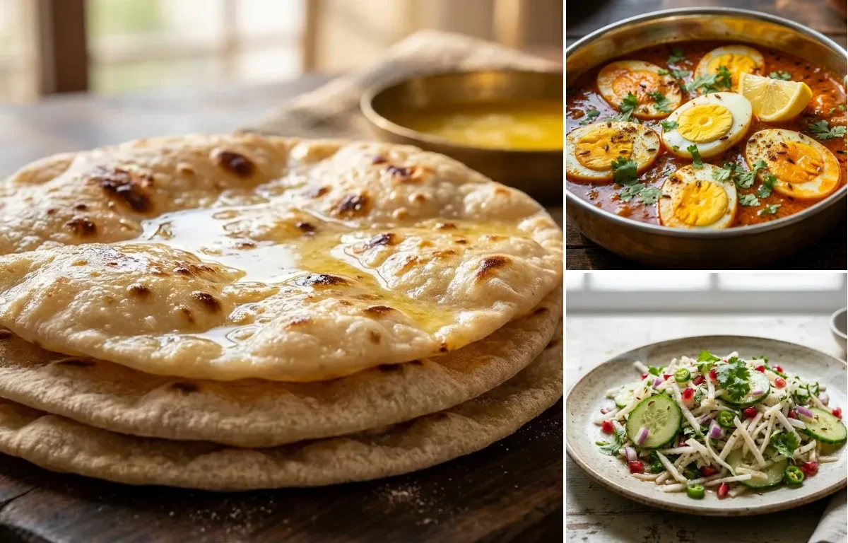 Chapati with Egg Curry, Vegan Kadhi, Onion Raita and Mooli Cucumber Salad