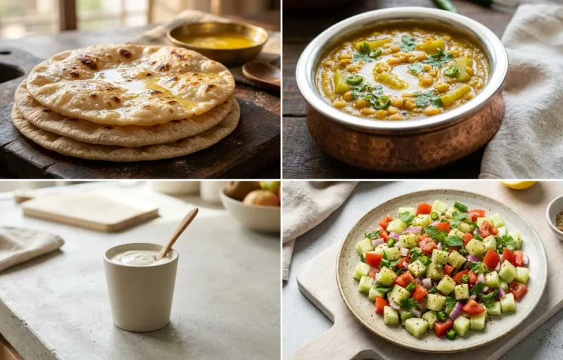 Chapati with Kadhi, Lauki Chana Dal, Plain Yogurt Cup and No-Salt Lemon Cucumber Kachumber
