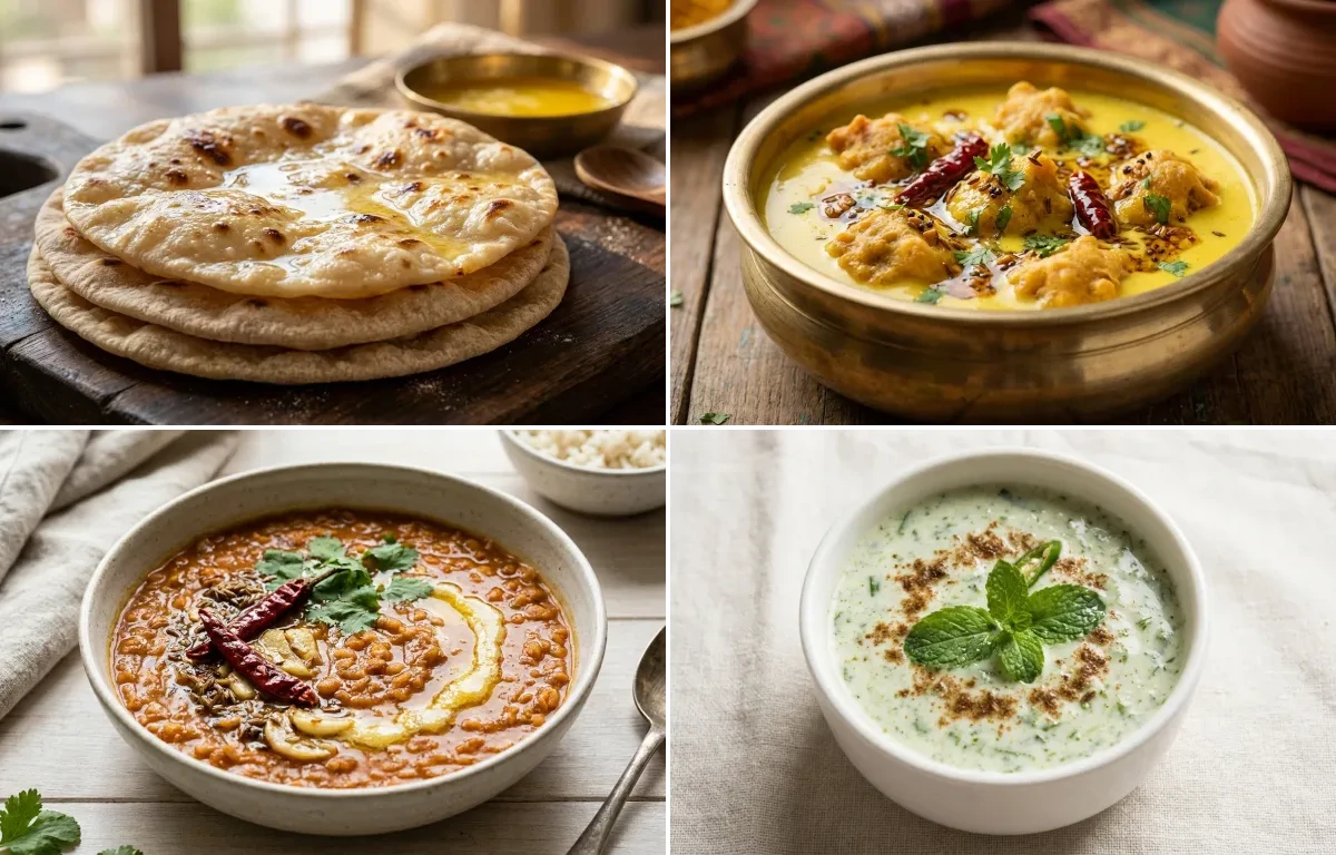Chapati with Kadhi Pakora, Masoor Dal, Mint Raita and Mooli Cucumber Salad