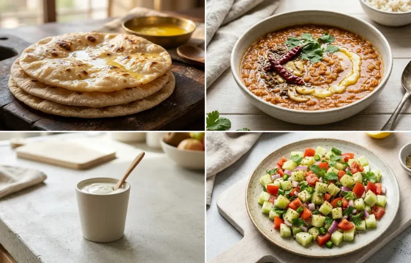 Chapati with Masoor Dal, Mashed Sweet Potato, Plain Yogurt Cup and No-Salt Lemon Cucumber Kachumber