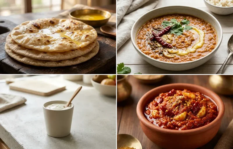Chapati with Masoor Dal, Plain Yogurt Cup and Garlic Chutney