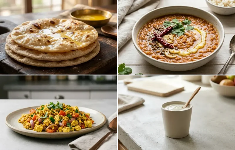 Chapati with Masoor Dal, Vegan Tofu Bhurji and Plain Yogurt Cup