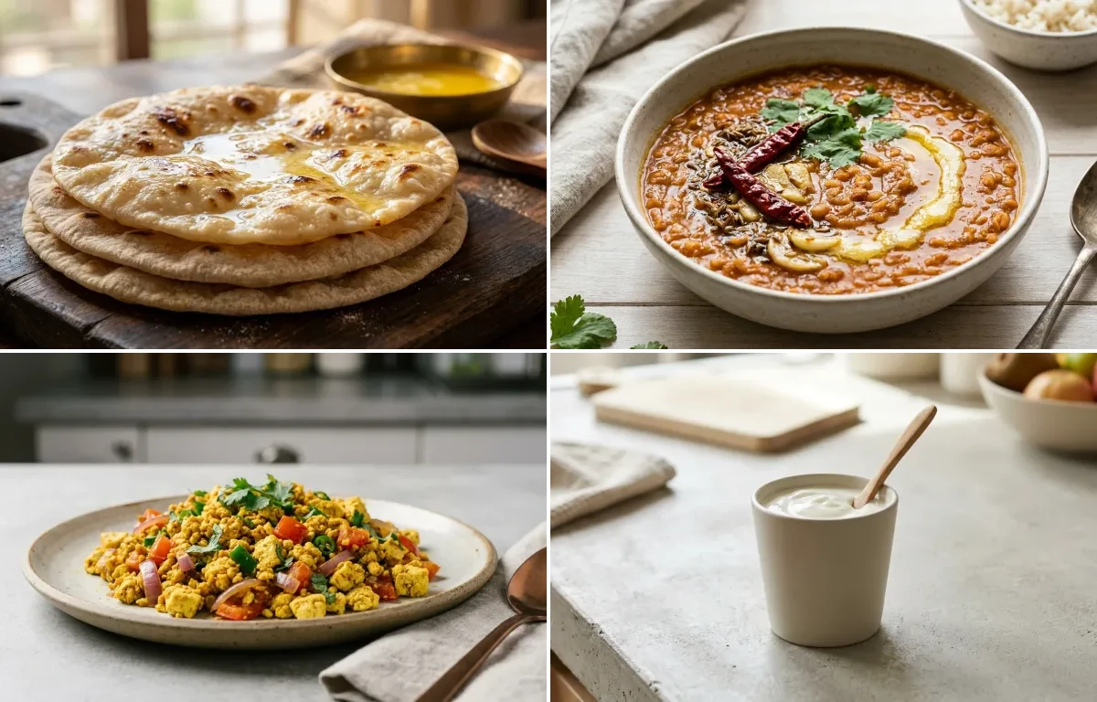 Chapati with Masoor Dal, Vegan Tofu Bhurji, Plain Yogurt Cup and Mooli Cucumber Salad
