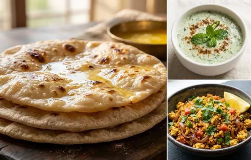 Chapati with Mint Raita, Tofu Bhurji, Hard Boiled Eggs And Fruit and Mint Coriander Chutney No-Salt