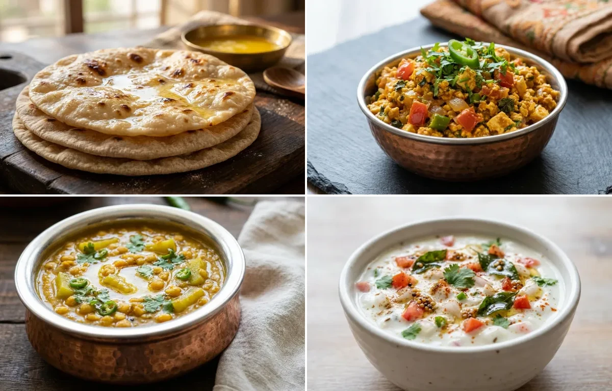 Chapati with Paneer Bhurji, Lauki Chana Dal, Onion Tomato Raita and No-Salt Lemon Cucumber Kachumber