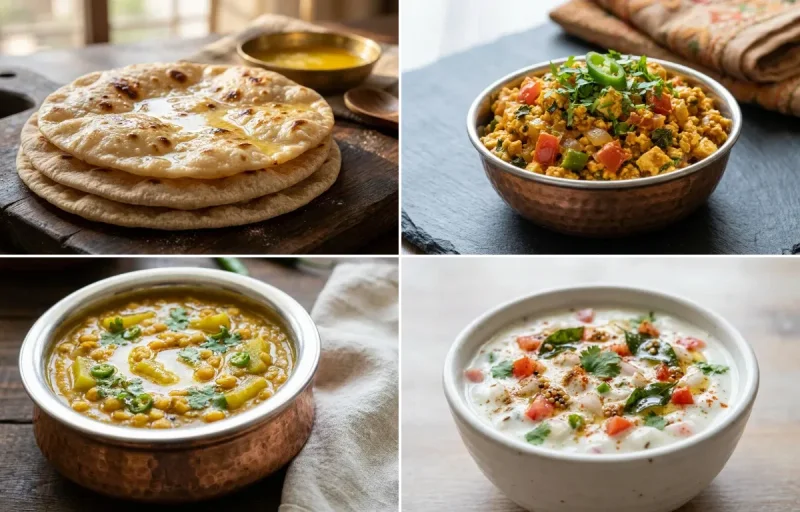 Chapati with Paneer Bhurji, Lauki Chana Dal, Onion Tomato Raita and No-Salt Lemon Cucumber Kachumber
