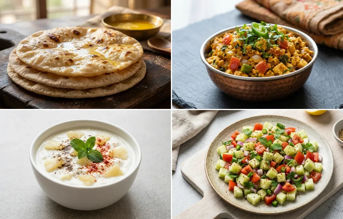 Chapati with Paneer Bhurji, Vegan Chana Dal, Pineapple Raita and No-Salt Lemon Cucumber Kachumber