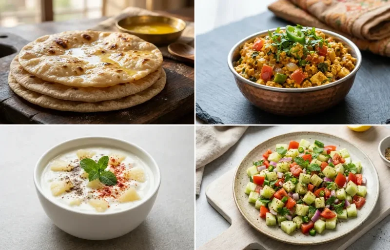 Chapati with Paneer Bhurji, Vegan Chana Dal, Pineapple Raita and No-Salt Lemon Cucumber Kachumber